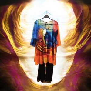 Pant Suit Custom Made By CN-G Sheer Colorful Top W Wide Leg Stretch Pant…